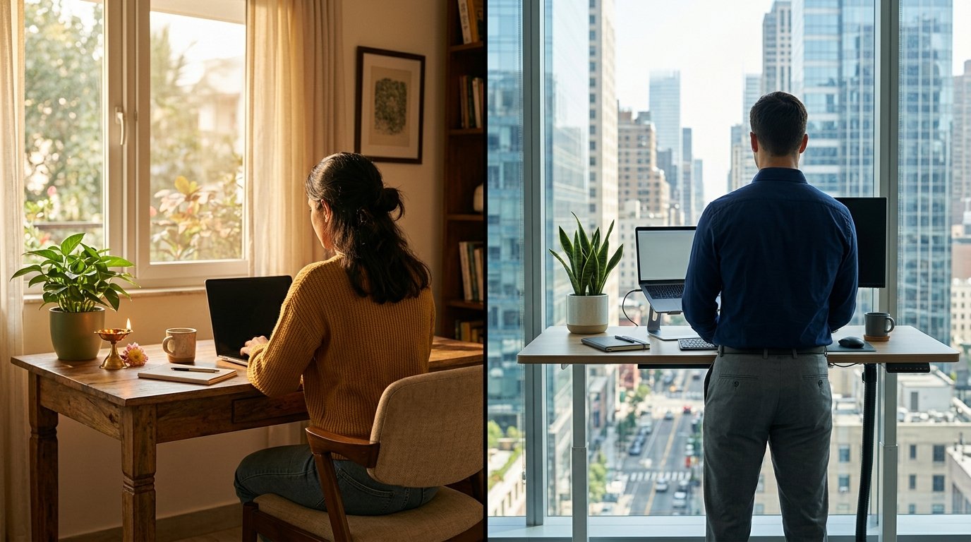 Comparison of home office and corporate office Vastu setups for hybrid work