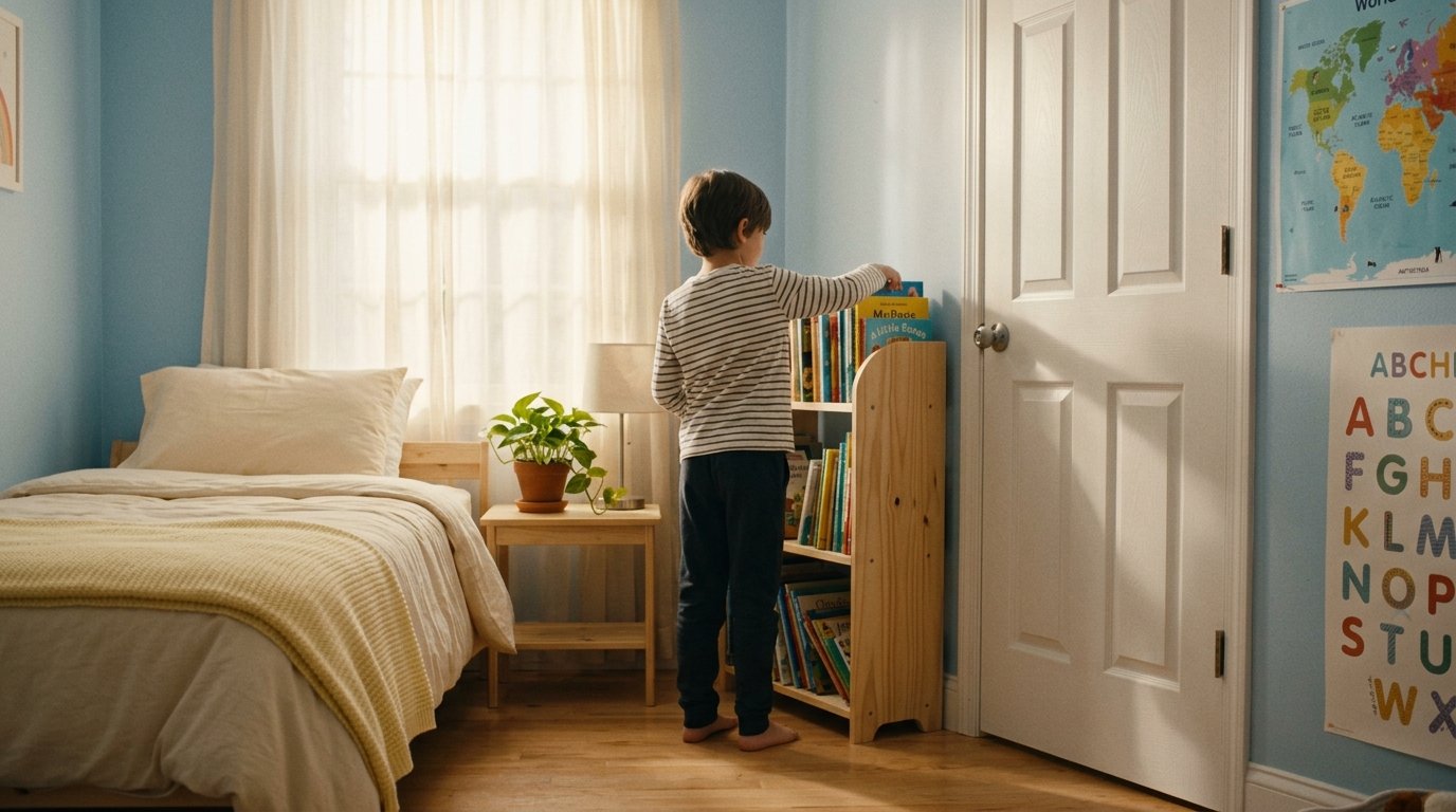 Child arranging books in a Vastu-aligned bedroom supporting healthy growth