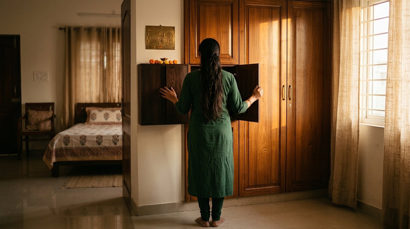 Woman opening a properly-placed Vastu locker in bedroom for wealth flow