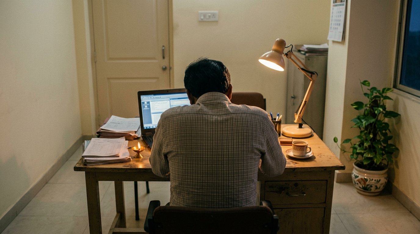 Business owner at desk showing signs of a Vastu-affected struggling business
