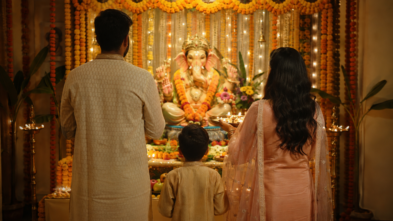 Family gathered for final aarti before Ganesh Visarjan at home