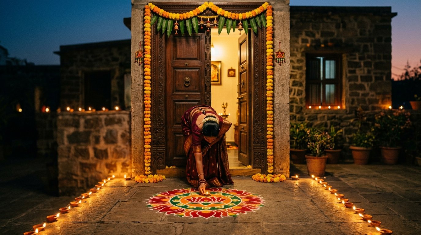 Woman placing diyas at Vastu-aligned decorated entrance on Diwali