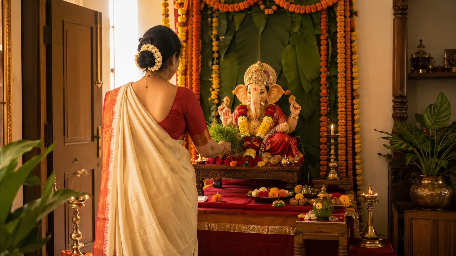 Family preparing Vastu-aligned Ganpati sthapana at home for Ganesh Chaturthi