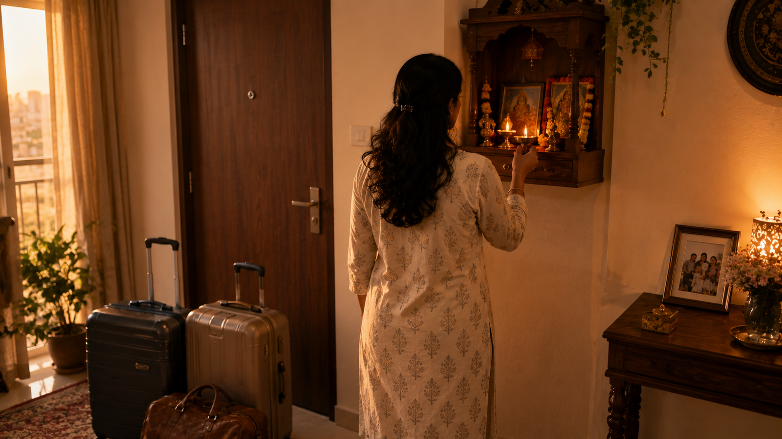 Lighting farewell diya before moving abroad from Indian family home