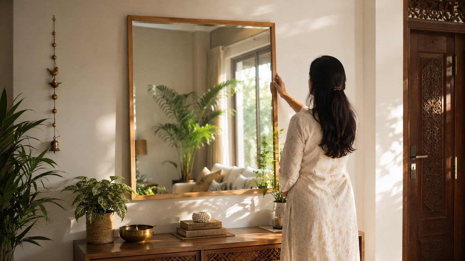 Mirror placed per Vastu reflecting light and plants in Indian living room