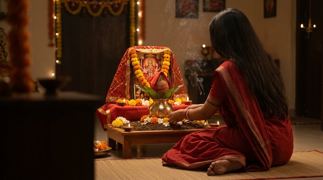 Woman arranging Vastu-aligned Navratri altar with kalash and Durga image