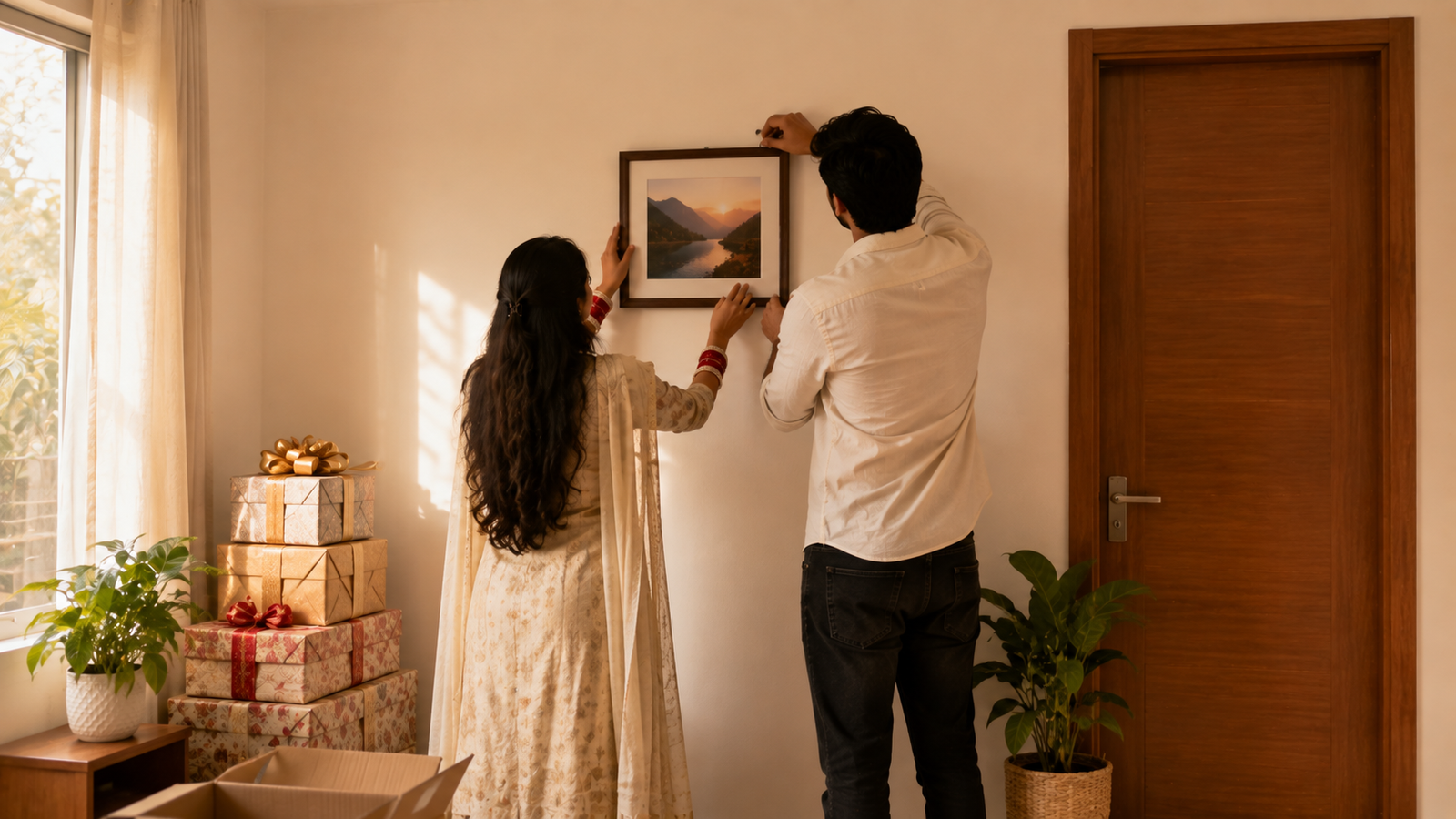 Newlywed couple setting up their first Vastu-aligned home together