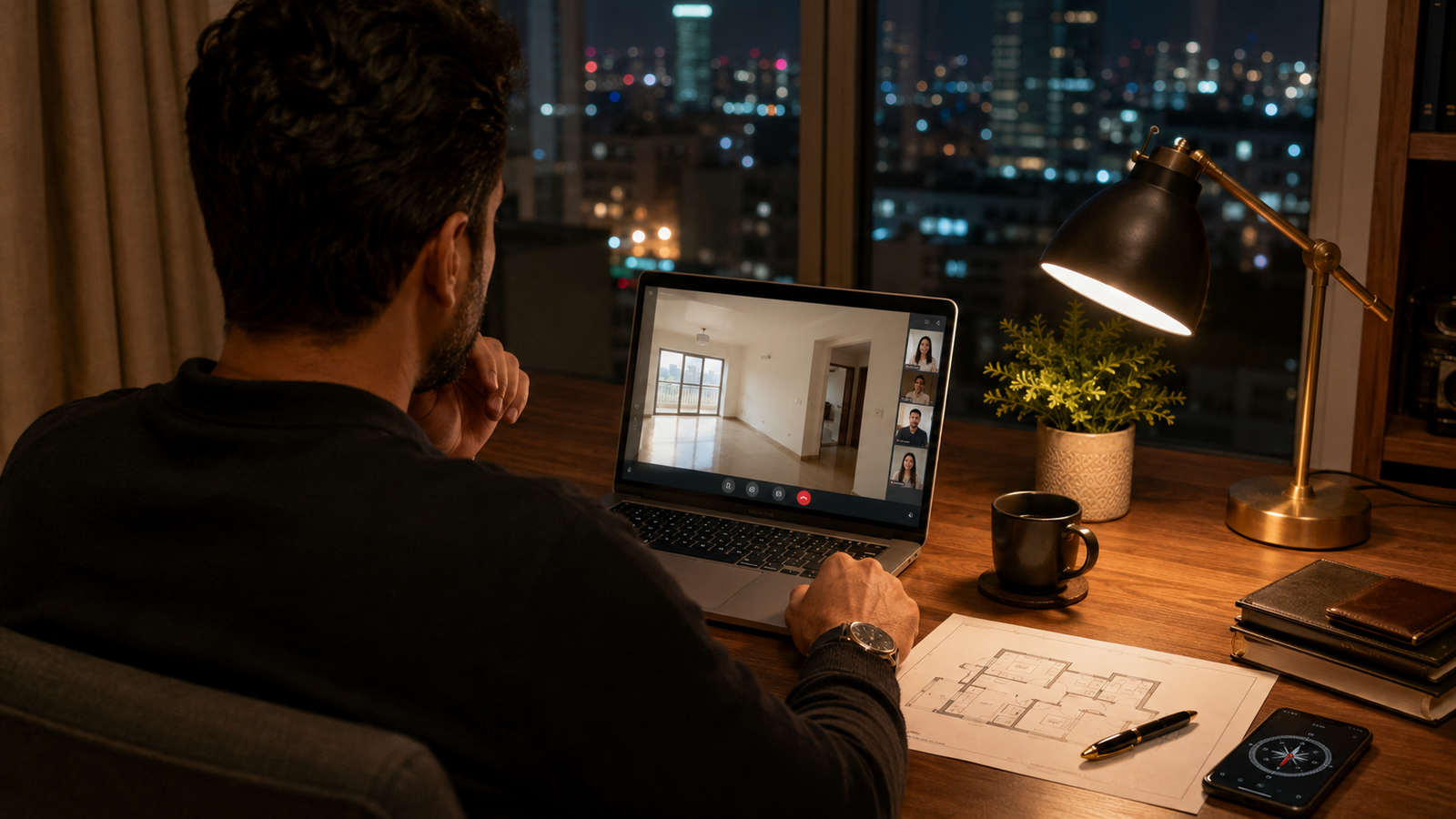 NRI reviewing Indian flat on video call with floor plan for Vastu check
