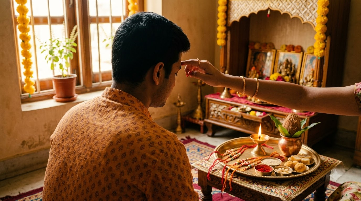 Raksha Bandhan ceremony performed facing East in home's North-East corner