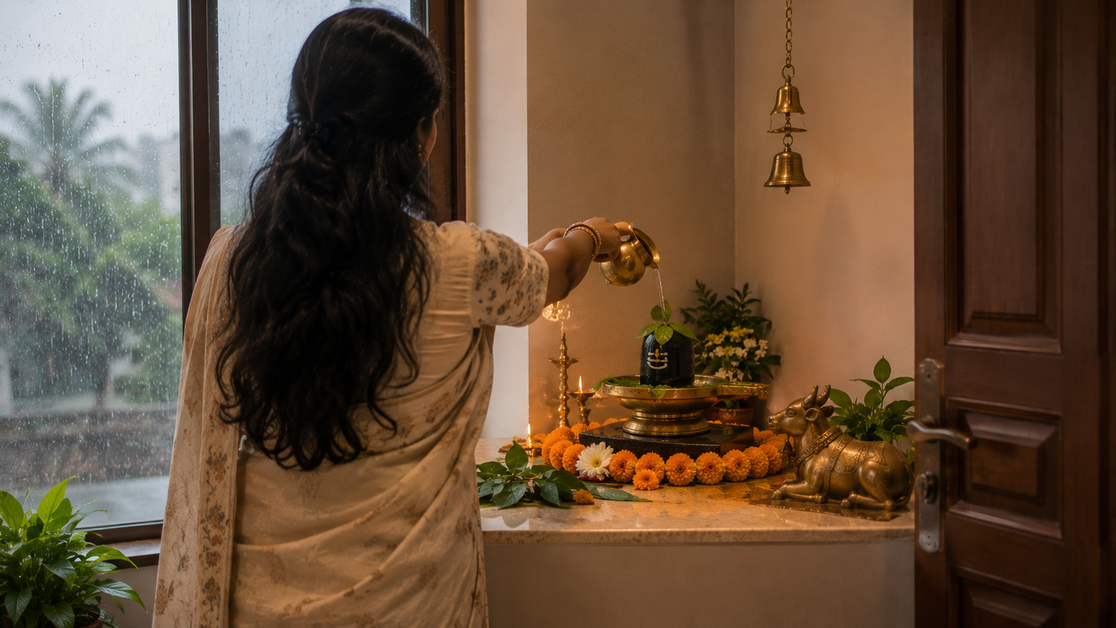 Woman performing jalabhishek at home Shiva corner during Shravan