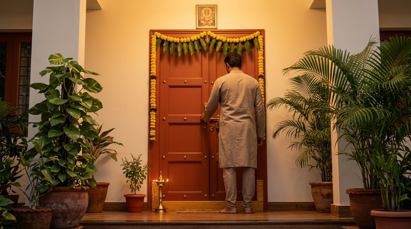 Well-maintained south-facing main door with Vastu remedies in place