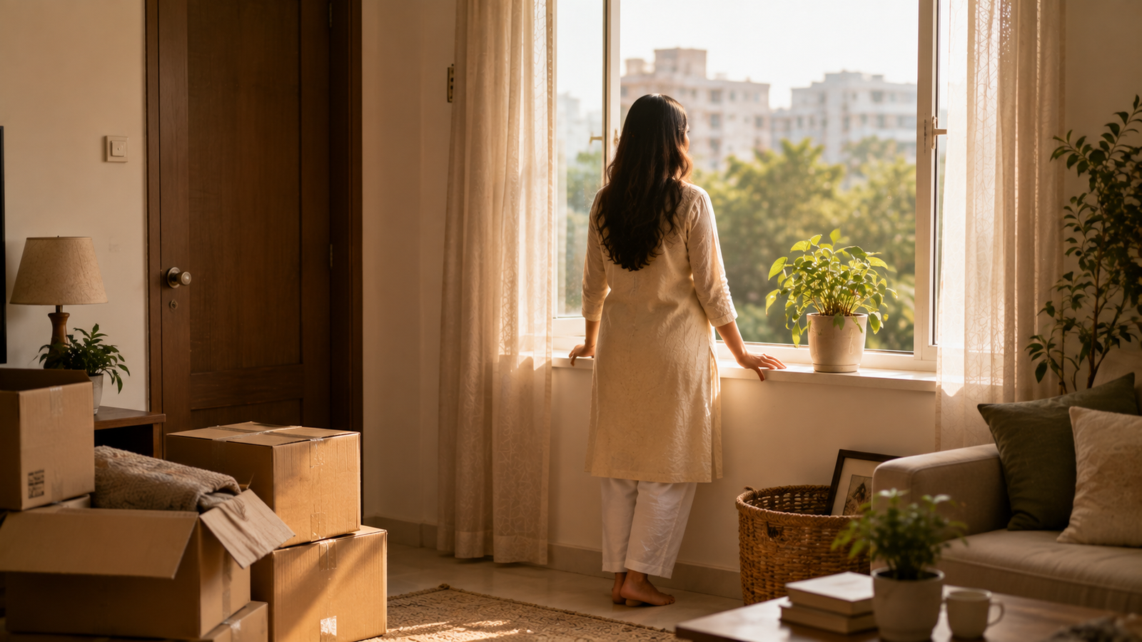 Woman at bright window beginning a new chapter in her home