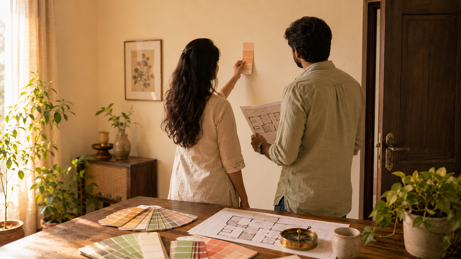 Couple choosing Vastu-aligned paint colors with floor plan and shade cards