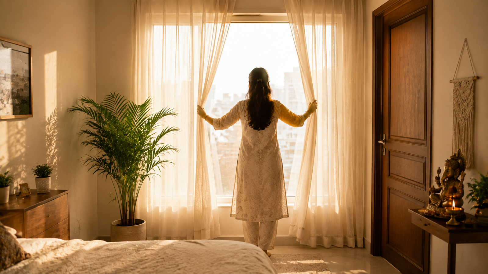 Woman opening curtains to morning light in a calm Vastu-aligned home