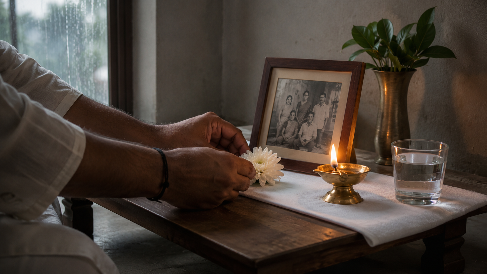 Man placing flower at home ancestor corner during Pitru Paksha
