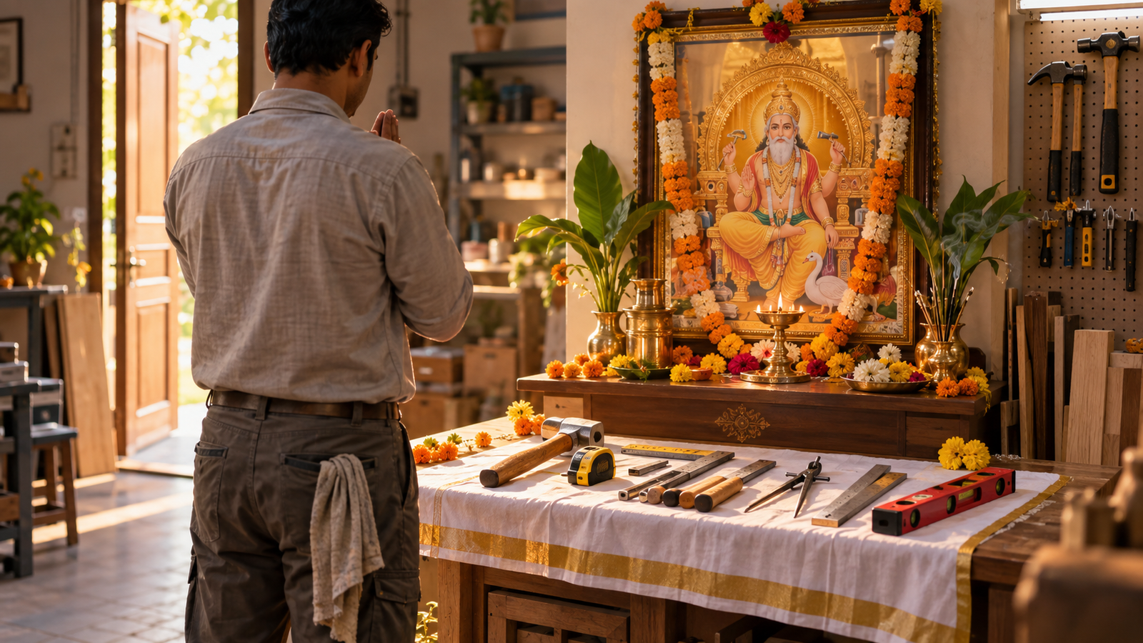 Craftsman at Vishwakarma Puja altar with tools displayed for blessing