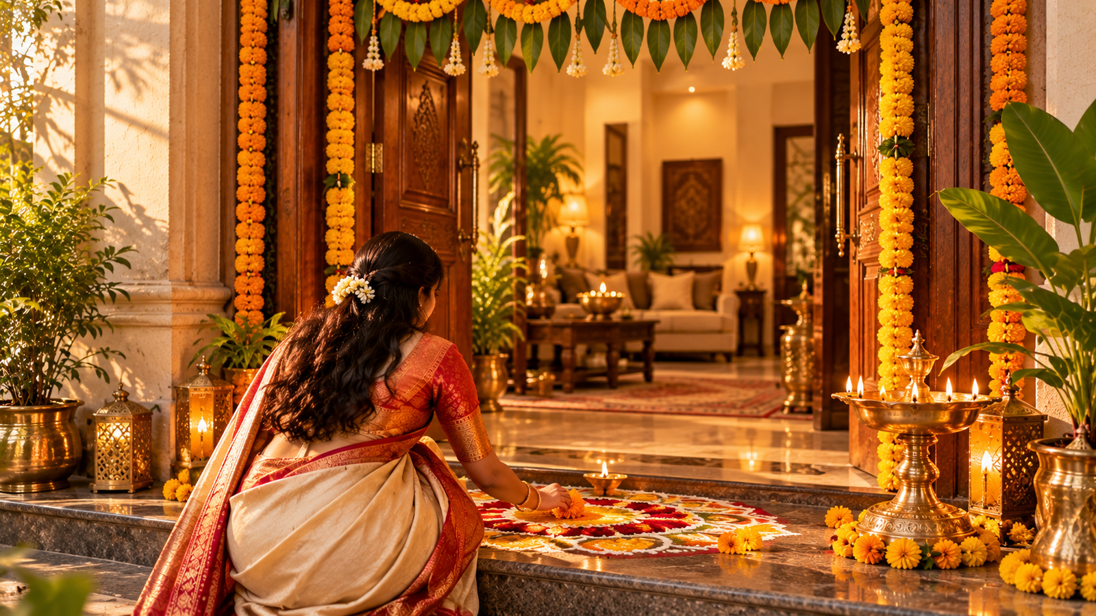 Home entrance decorated with toran and rangoli for Dussehra Vijayadashami