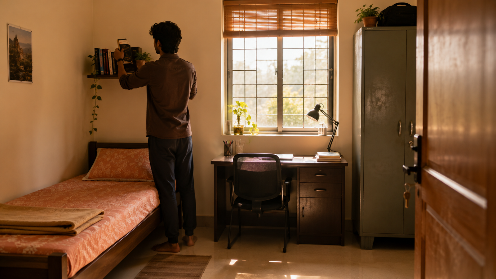 Well-kept hostel room arranged with student Vastu principles