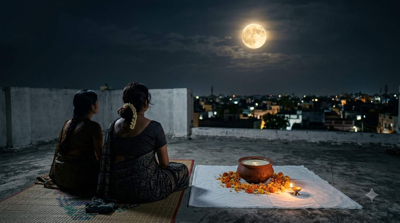 Kojagiri Purnima night vigil with kheer clay pot under full autumn moon