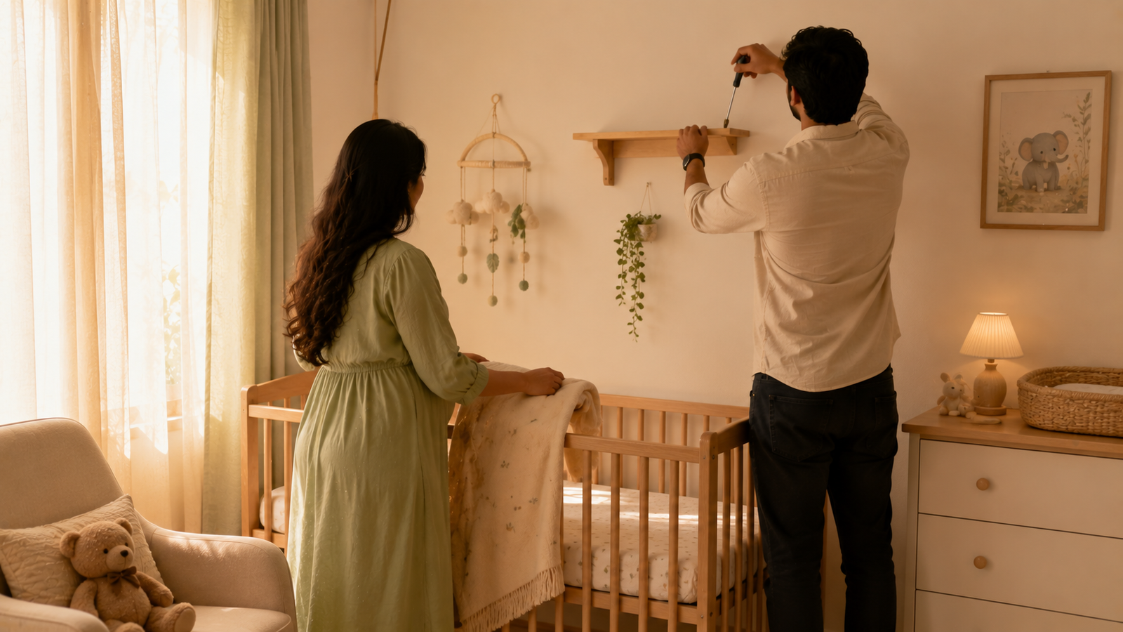 Expecting couple preparing Vastu-aligned nursery with anchored furniture
