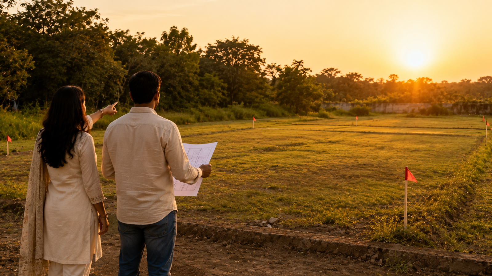 Family inspecting residential plot with survey sketch as per Vastu