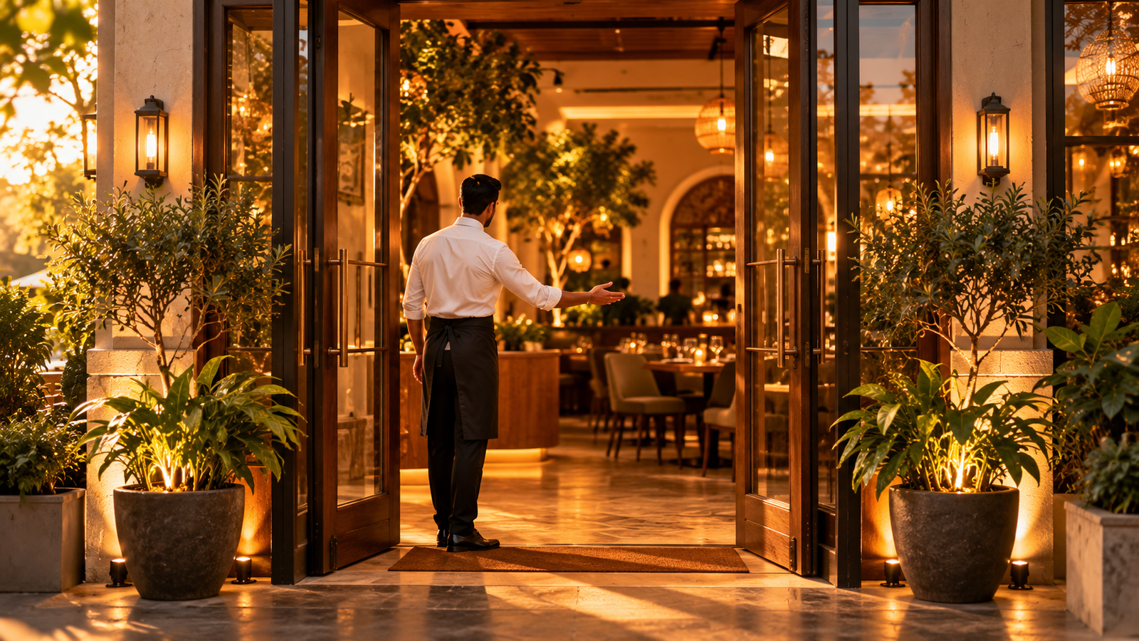 Host welcoming guests at a warmly lit Vastu-aligned restaurant entrance