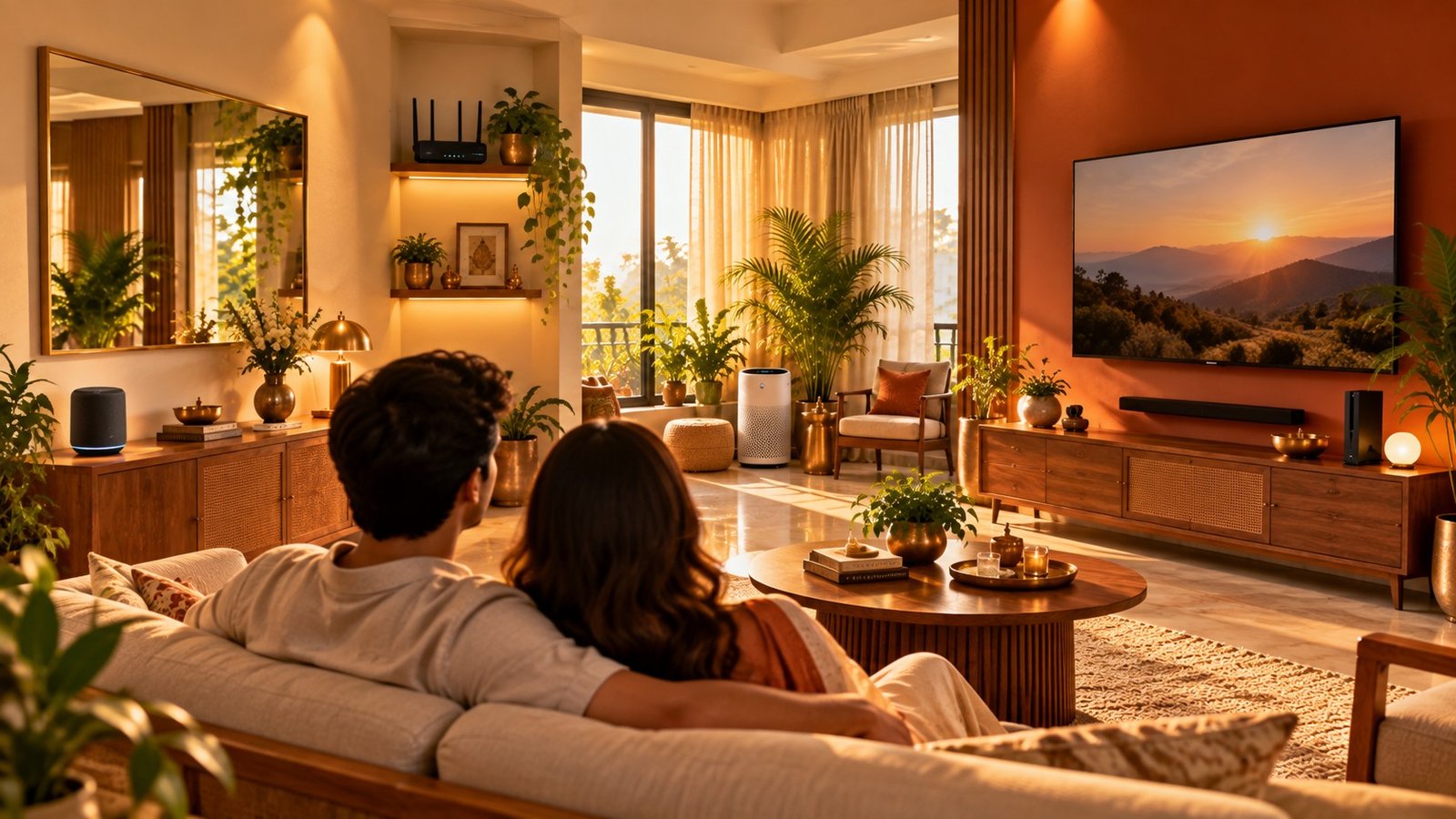 Smart home devices correctly placed per Vastu in modern Indian living room