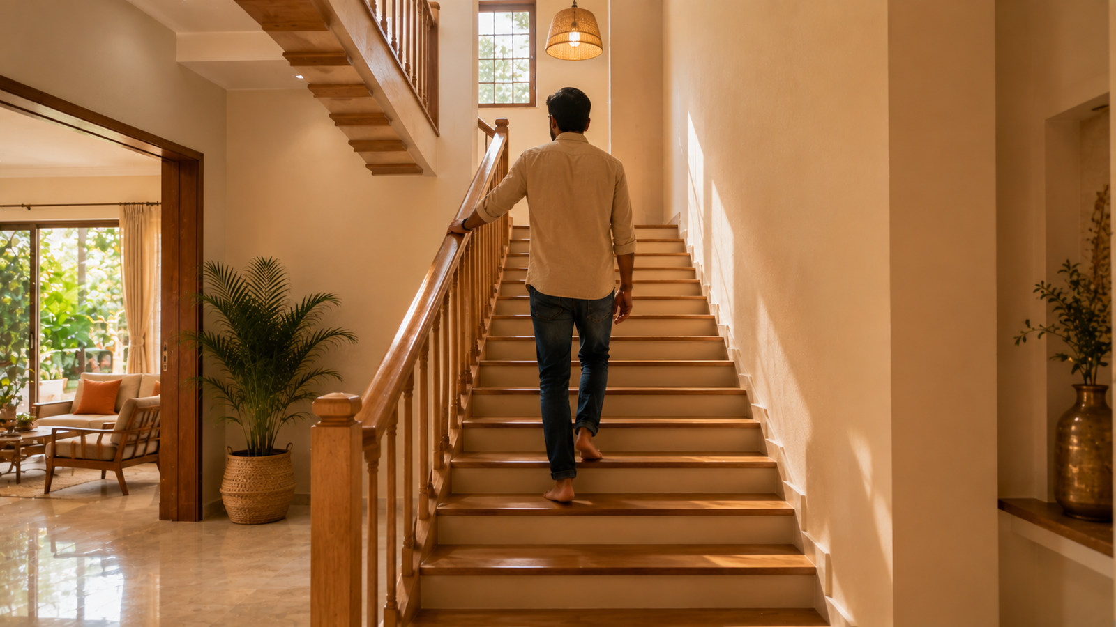 Well-lit clockwise staircase built in correct Vastu zone of home
