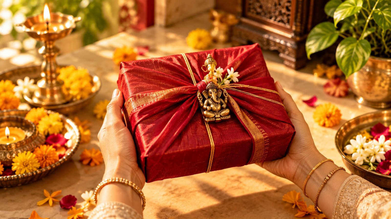 Beautifully wrapped Vastu-aligned gift in red silk with brass Ganesha