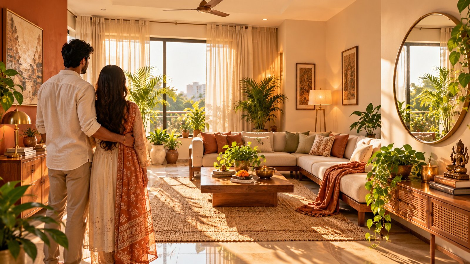 Couple admiring a Vastu-aligned beautifully designed modern Indian living room