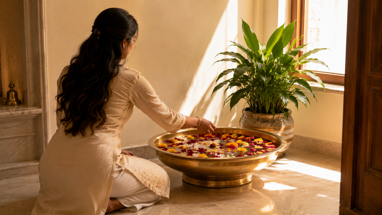 Woman placing flowers in brass urli in North-East water corner