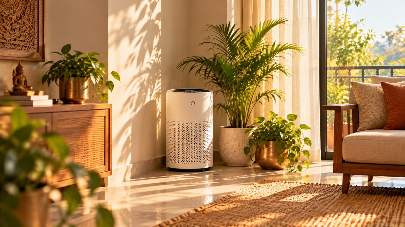 Air purifier placed in North-East corner as Vastu-aligned Vayu device