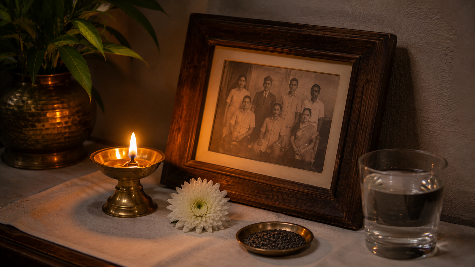 Framed ancestor photograph with diya at Pitru Paksha home corner