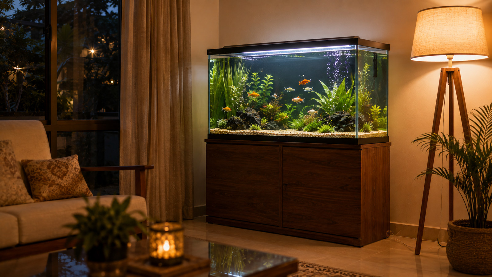 Thriving well-maintained aquarium in North zone of living room