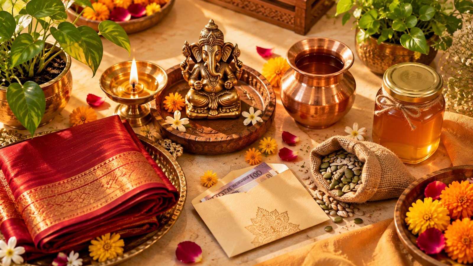 Vastu-auspicious gifts including brass diya, plant, honey and copper lota