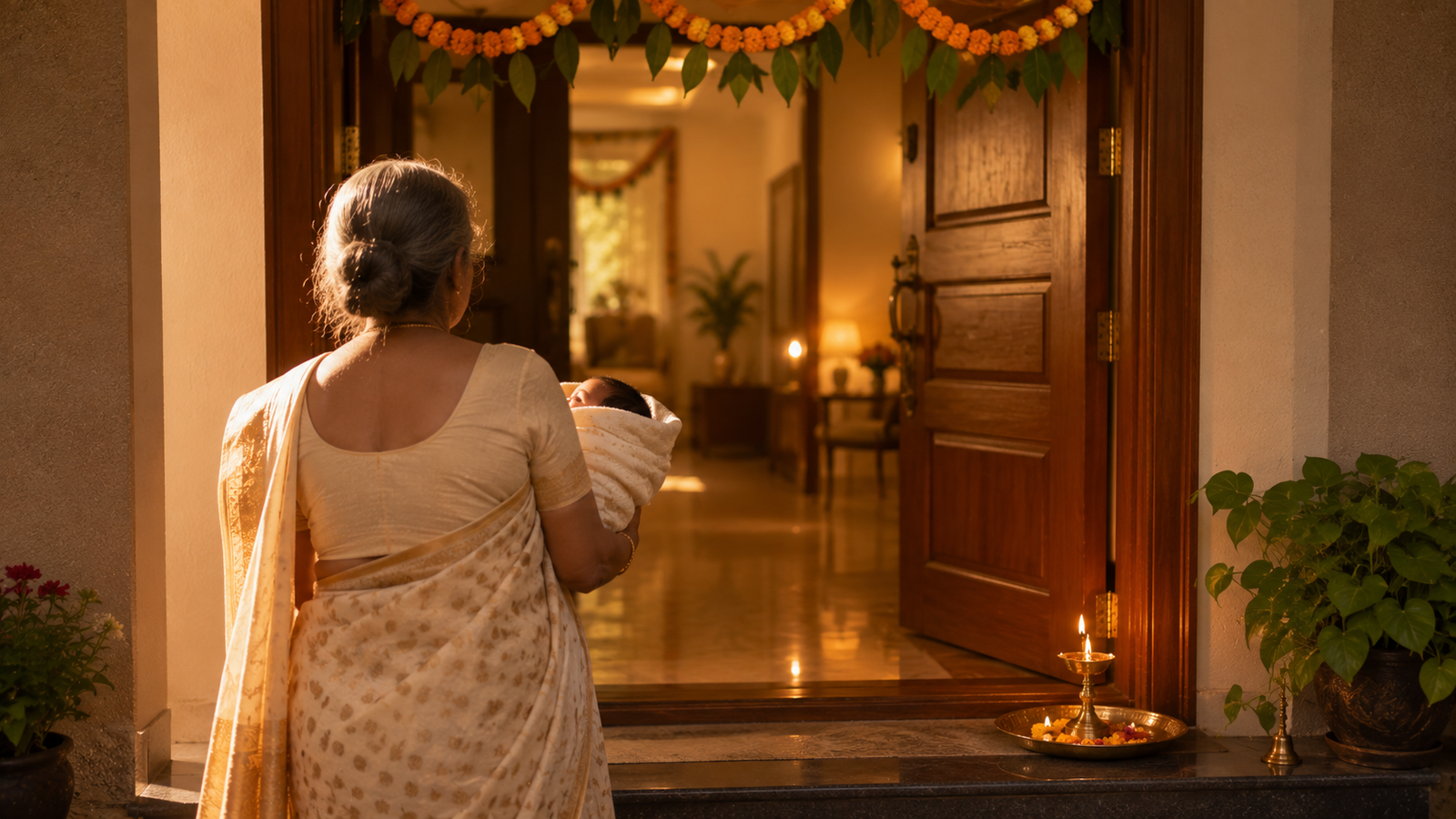 Grandmother carrying newborn across diya-lit threshold into home