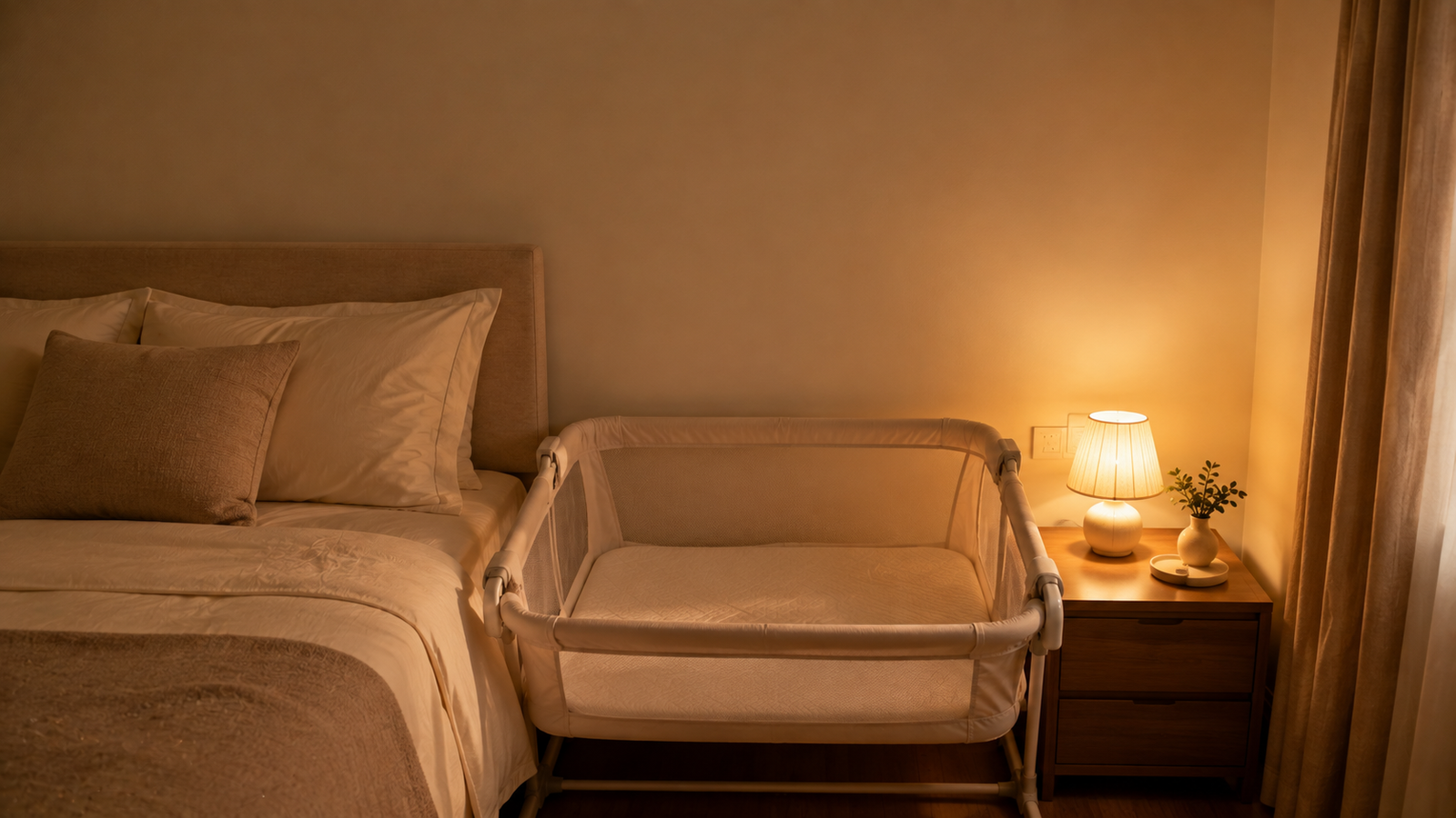 Bassinet placed safely beside mother's bed with clear wall above