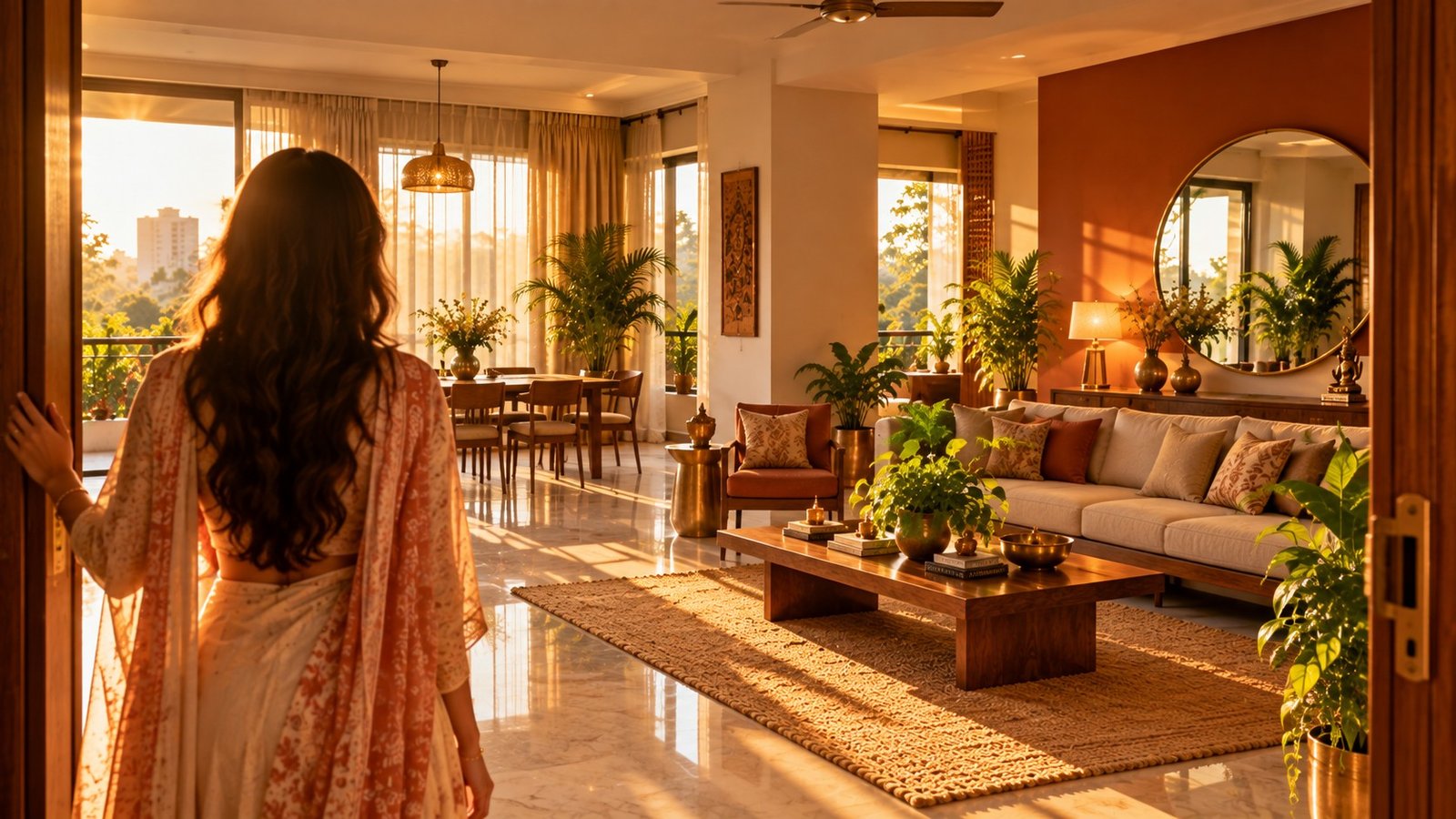 Beautiful Vastu-aligned modern Indian home at golden hour