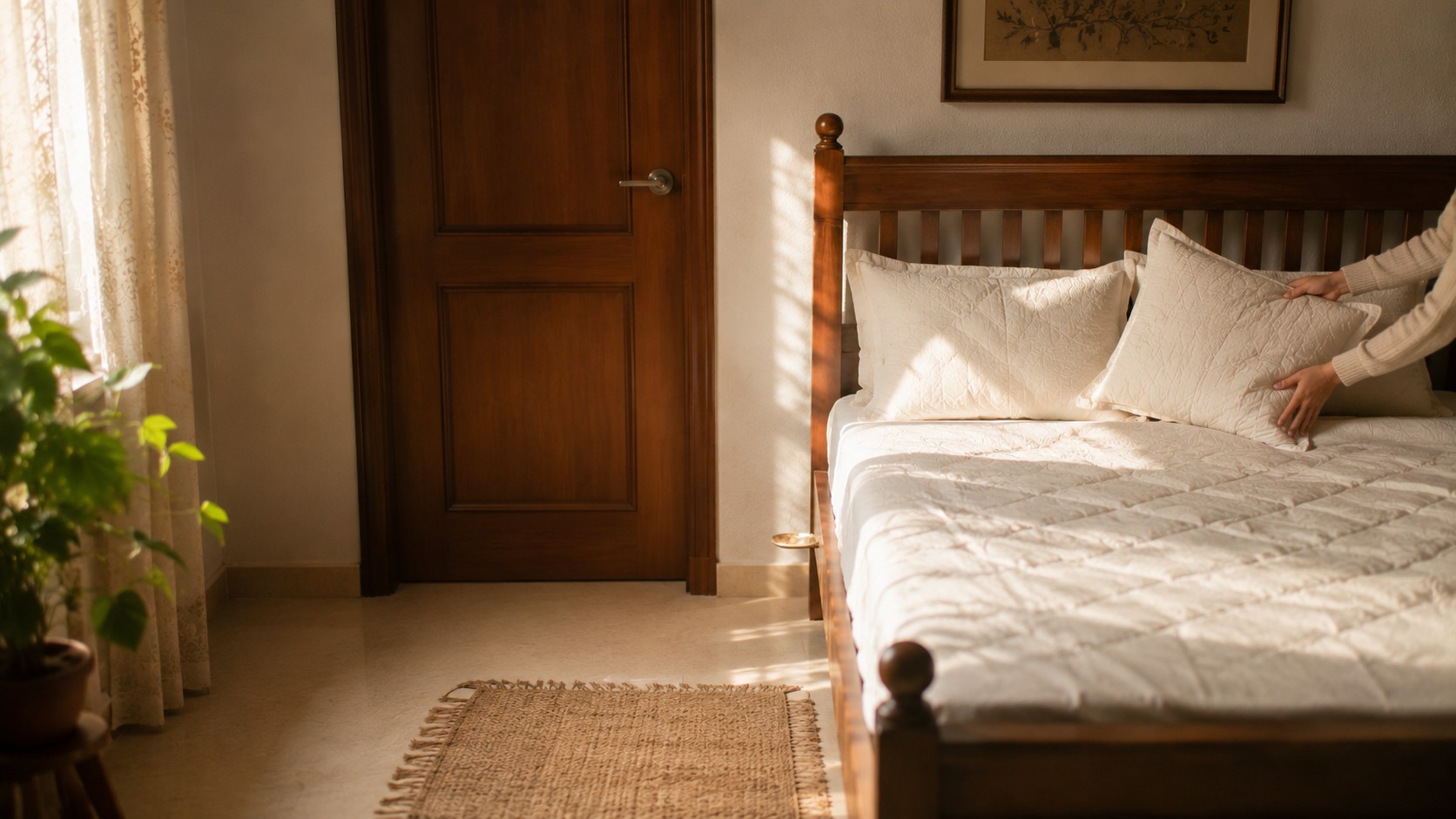 Bed in Vastu command position with solid wall behind for deep sleep