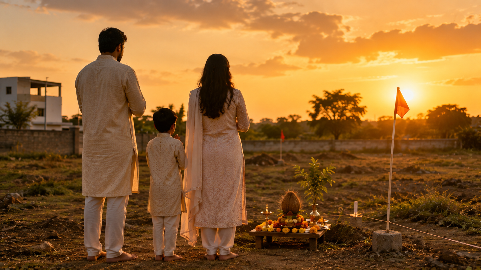 Family at bhoomi puja on well-chosen Vastu-compliant plot