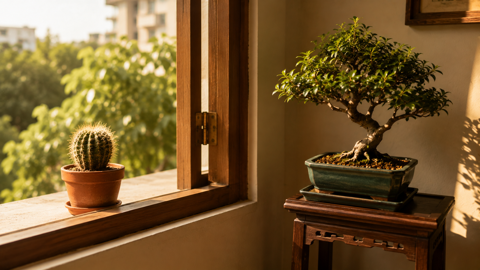 Cactus on outward window ledge and tended bonsai per Vastu guidance