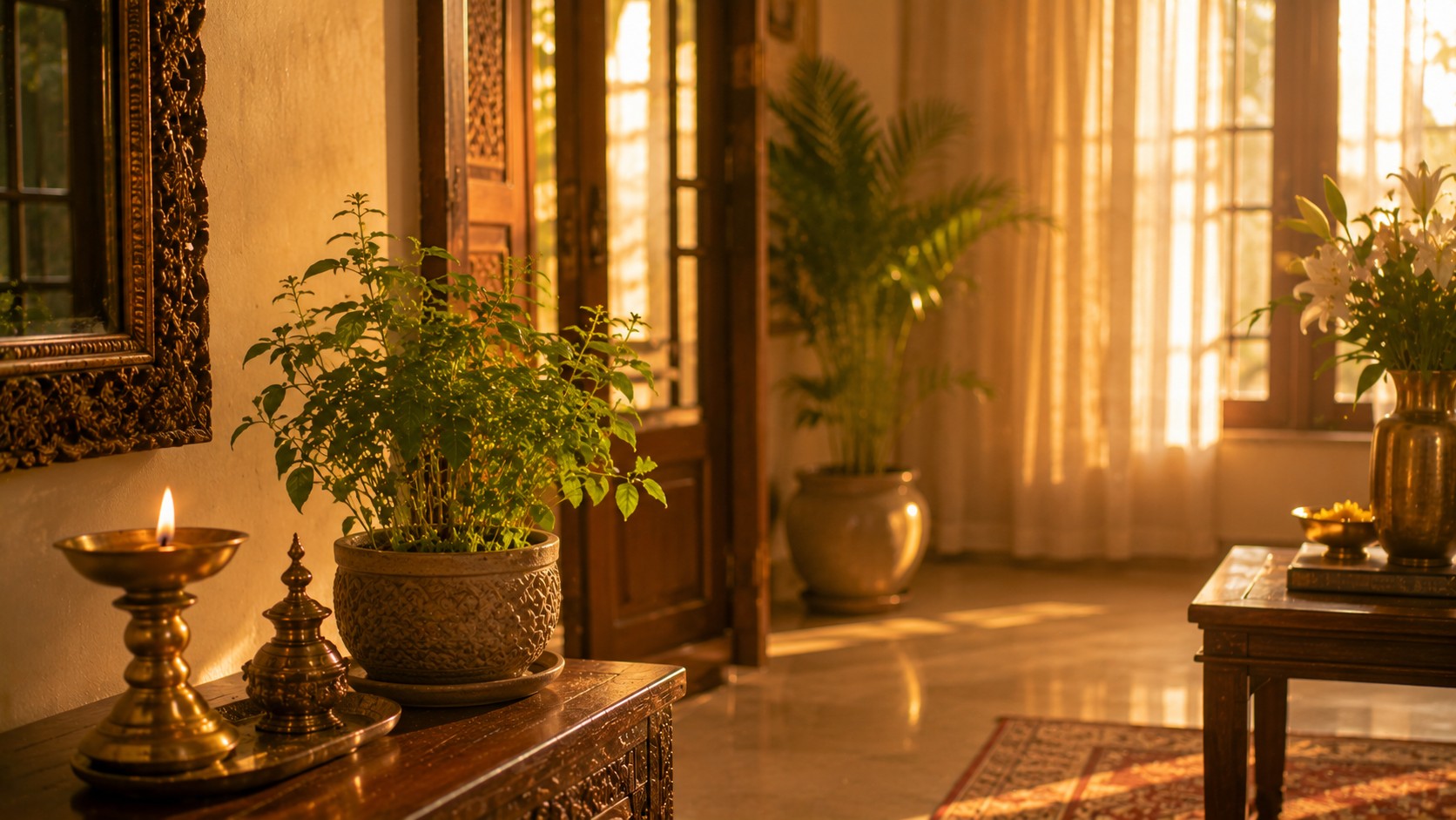 Vastu-honored Indian home at golden hour symbolizing energy renewal