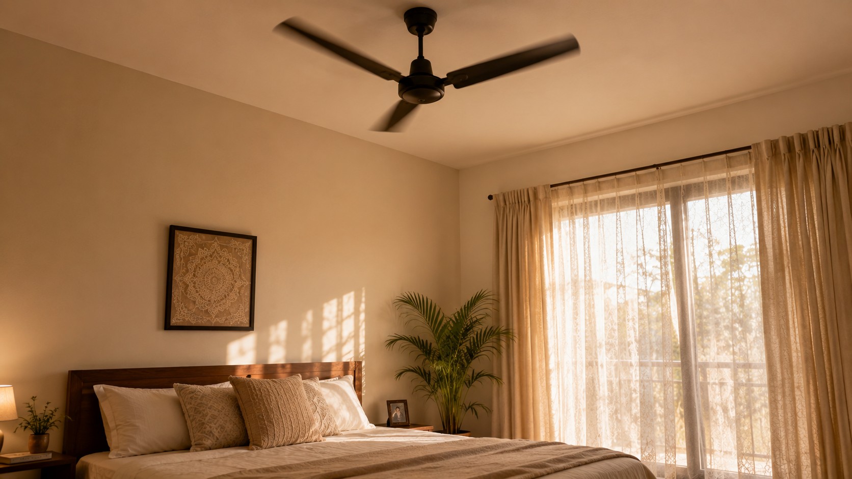 Ceiling fan in peaceful bedroom debunking Vastu sleep myth