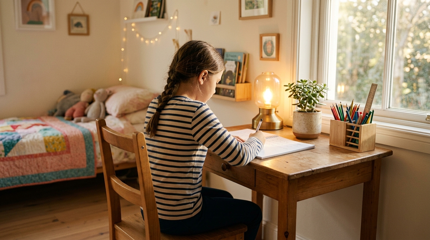Child studying at East-facing desk as per Vastu for concentration