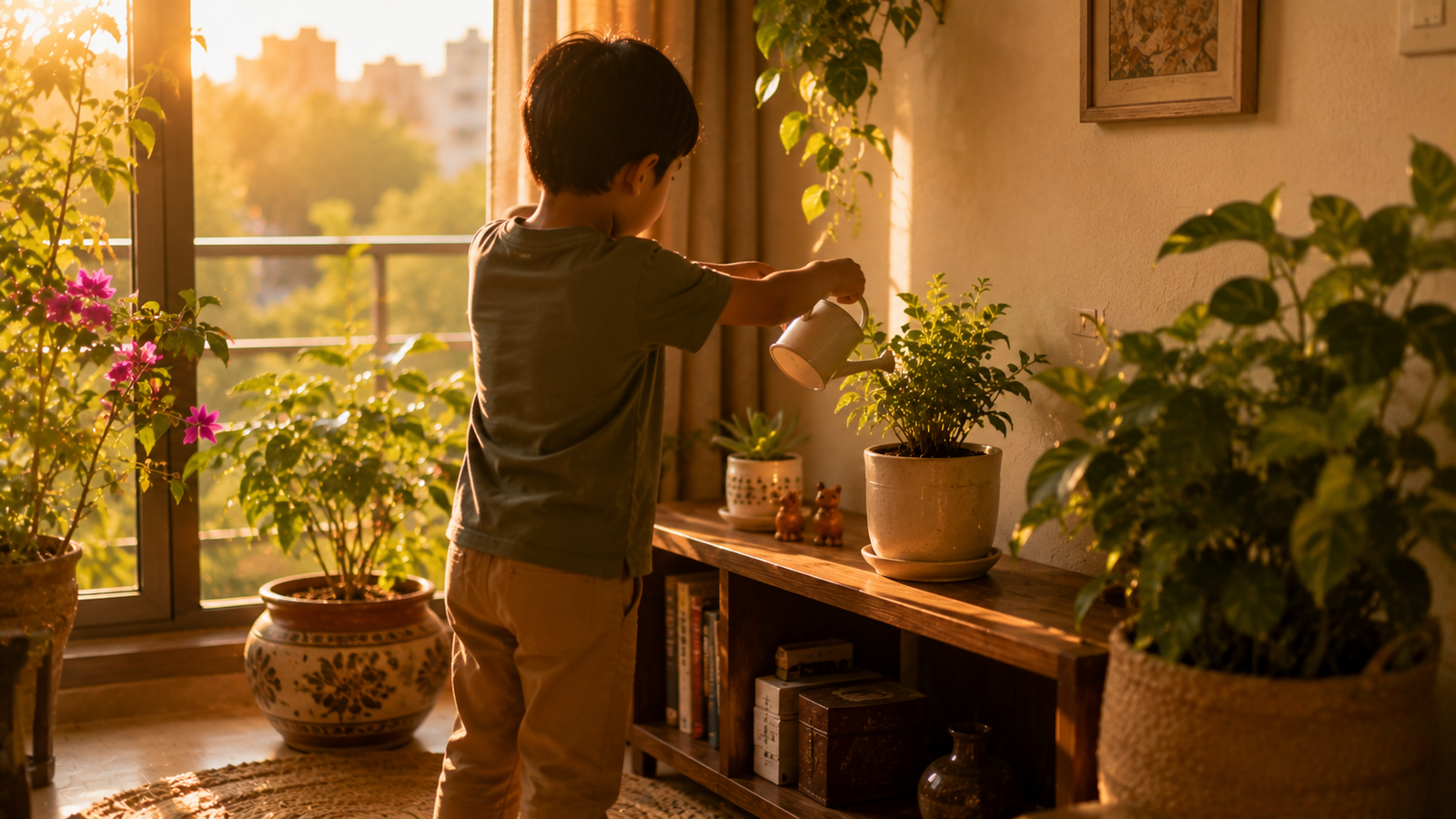 Child watering plant in green Vastu-aligned home at golden hour