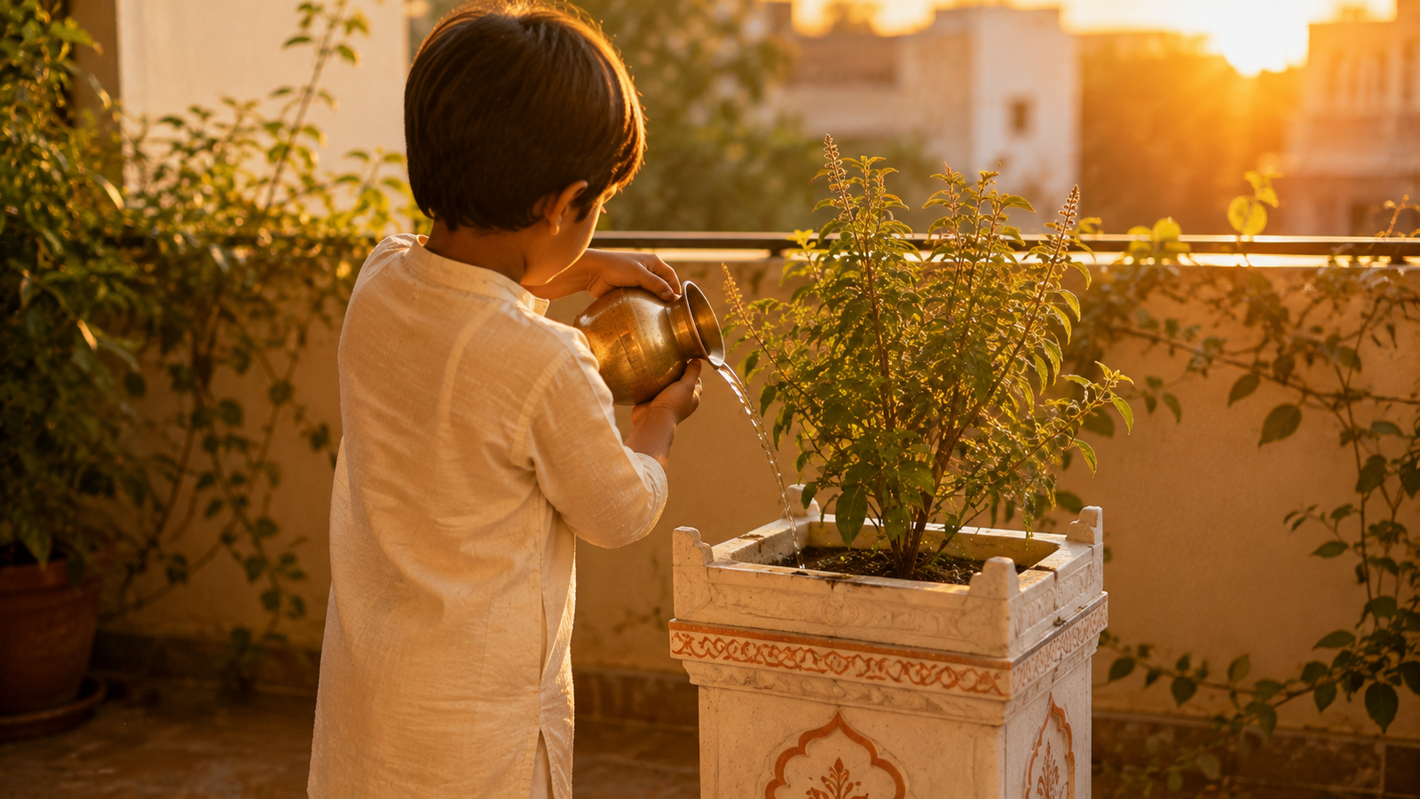 Child pouring water for Tulsi honoring the water element daily
