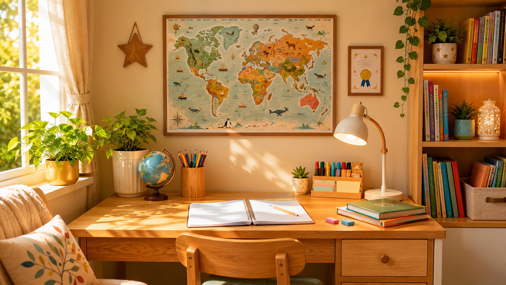 Tidy decluttered children's study corner following Vastu for focus