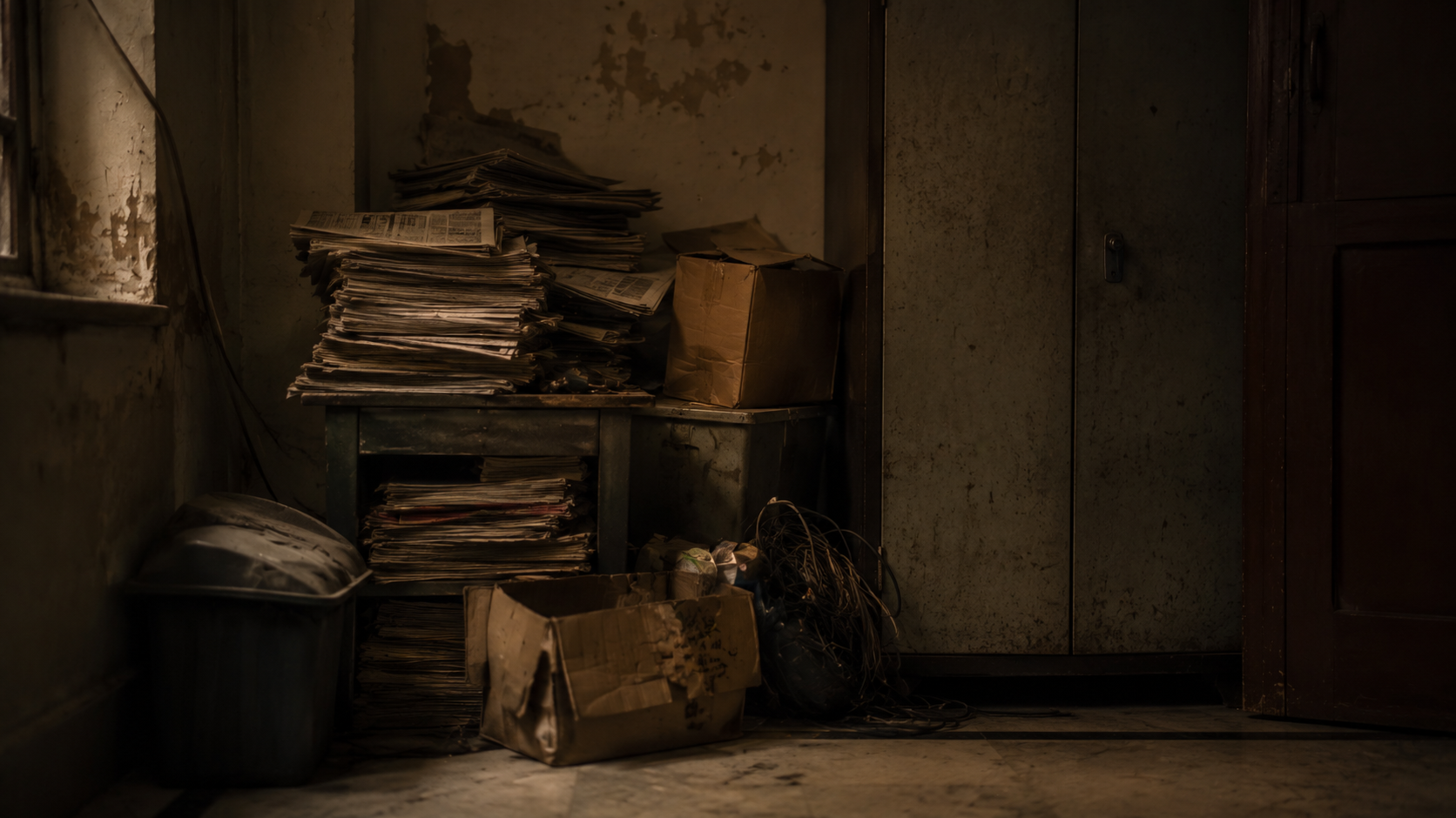 Cluttered dark corner of an Indian home blocking wealth energy as per Vastu Shastra