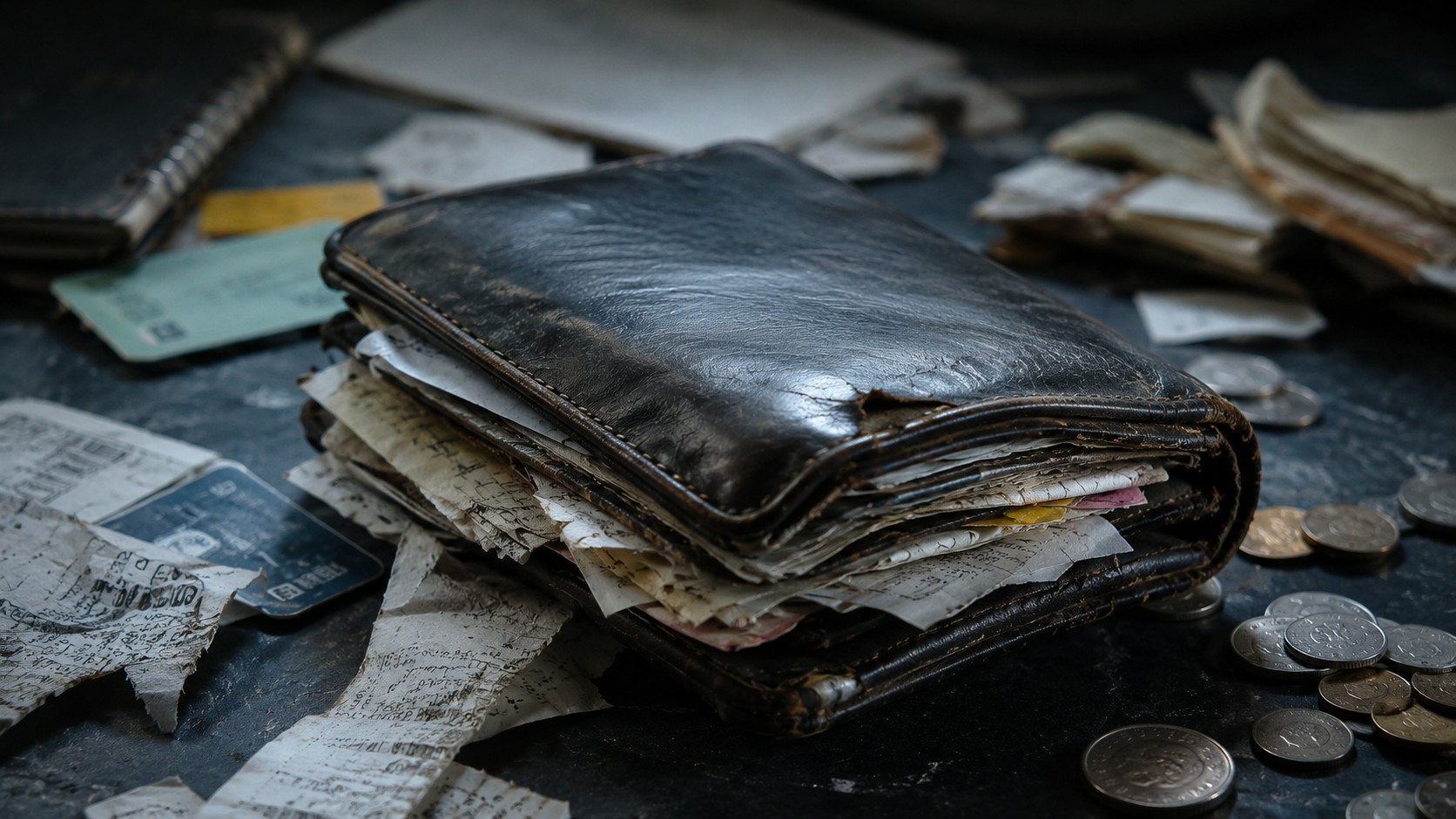 Cluttered torn black wallet full of receipts repelling money as per Vastu Shastra