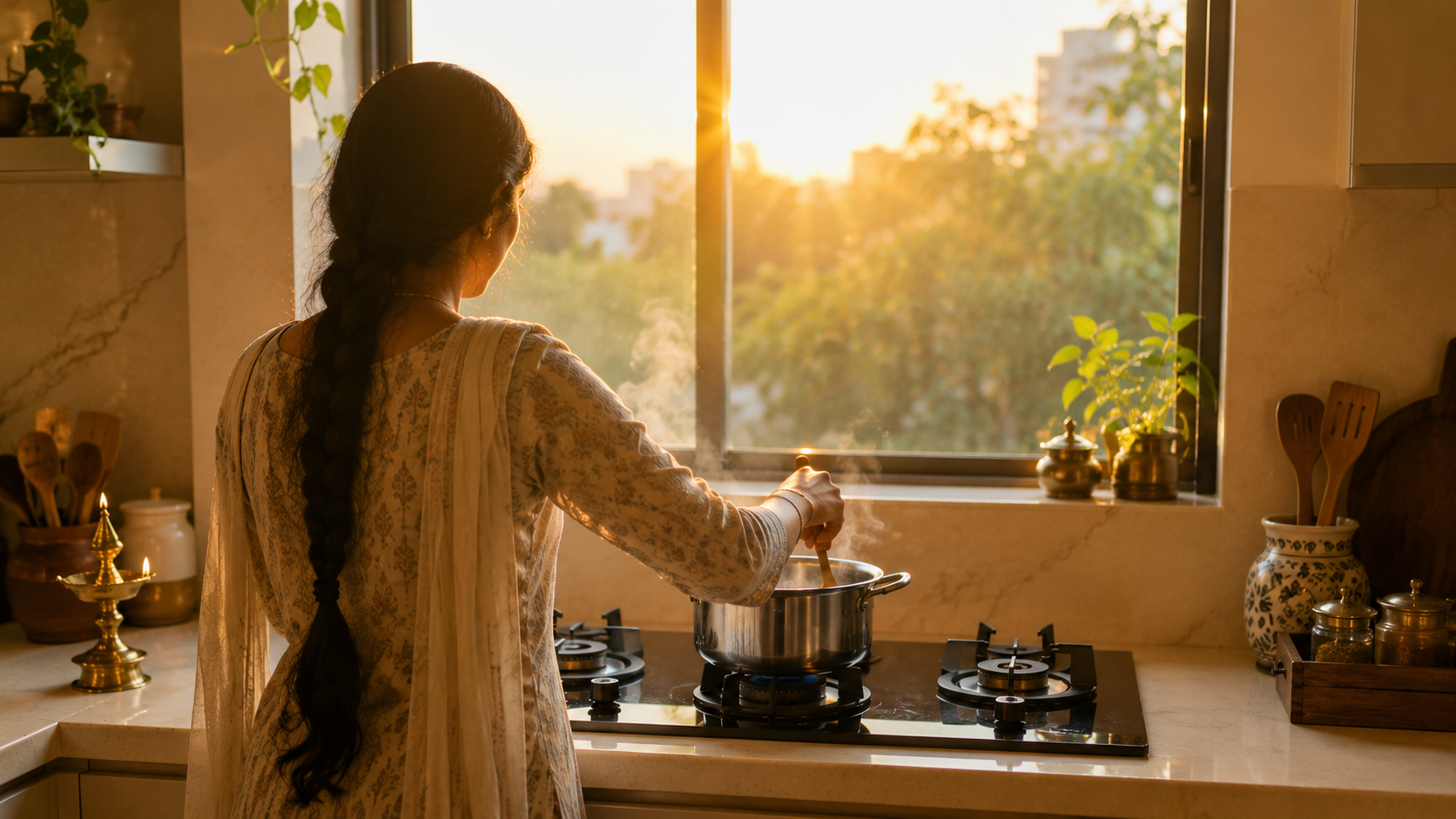 Woman cooking facing East as recommended by Vastu for vitality